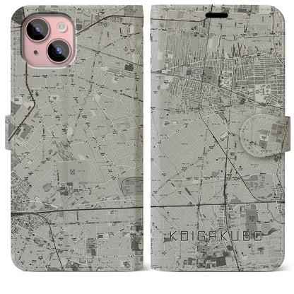 【恋ヶ窪（東京都）】地図柄iPhoneケース（手帳タイプ）モノトーン・iPhone 15 Plus 用