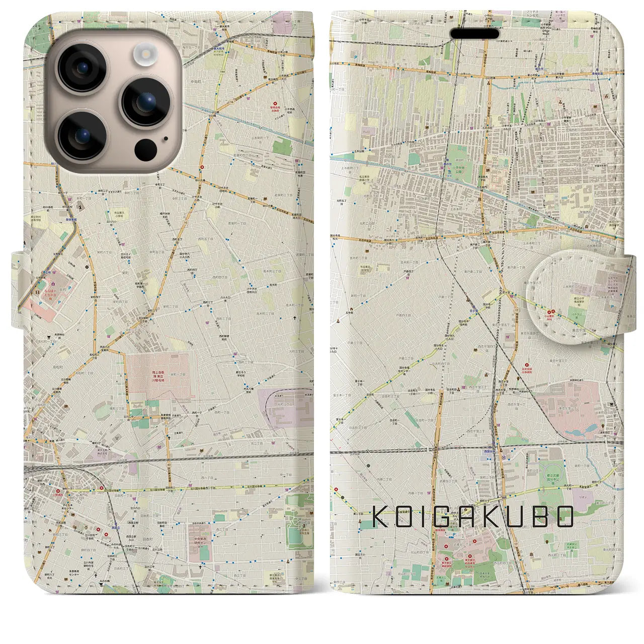 【恋ヶ窪（東京都）】地図柄iPhoneケース（手帳タイプ）ナチュラル・iPhone 16 Plus 用