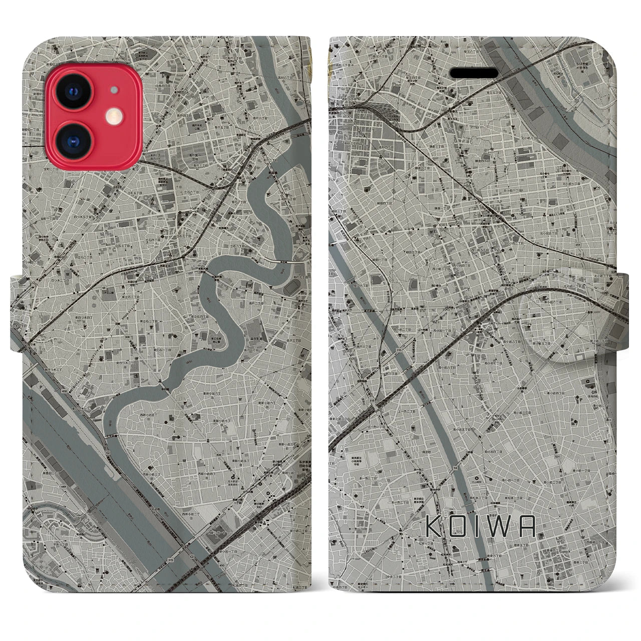 【小岩】地図柄iPhoneケース（手帳両面タイプ・モノトーン）iPhone 11 用