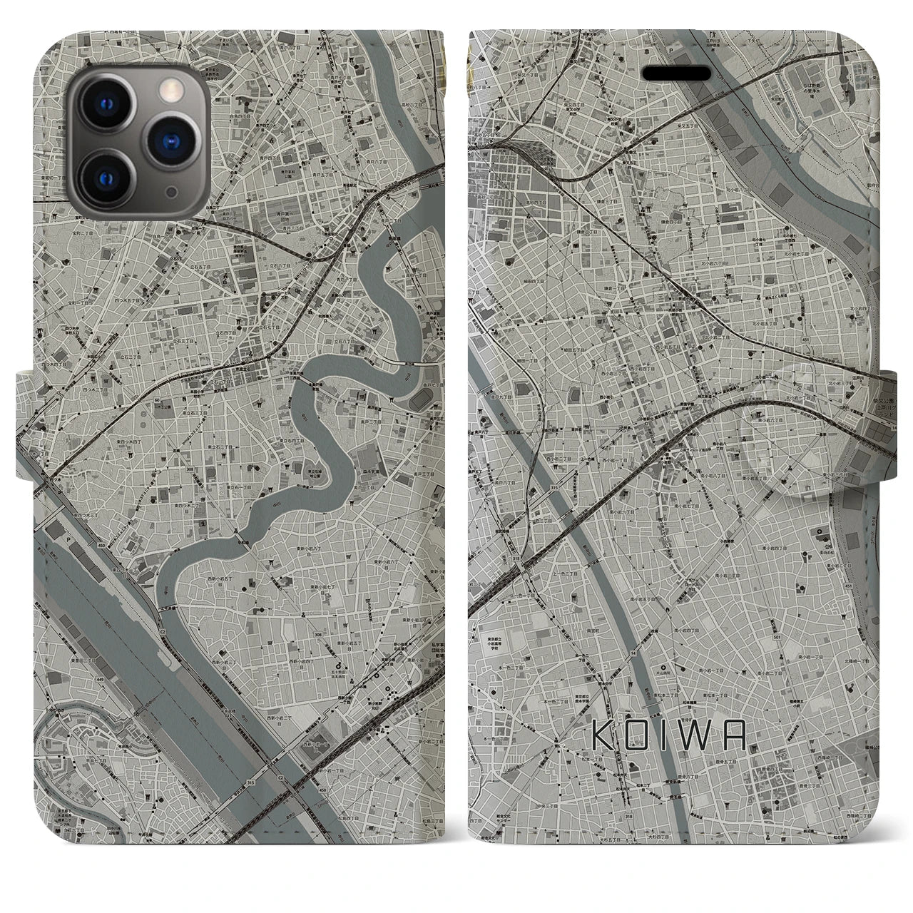 【小岩】地図柄iPhoneケース（手帳両面タイプ・モノトーン）iPhone 11 Pro Max 用