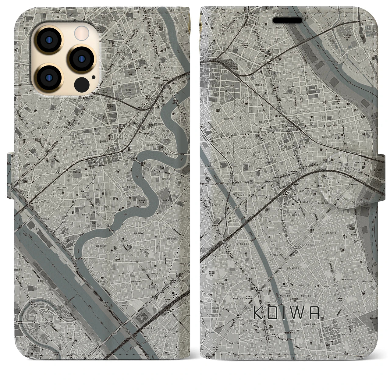 【小岩】地図柄iPhoneケース（手帳両面タイプ・モノトーン）iPhone 12 Pro Max 用