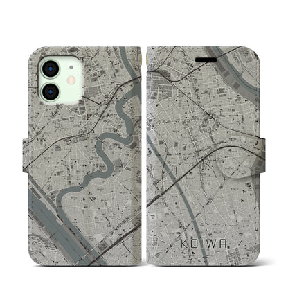 【小岩（東京都）】地図柄iPhoneケース（手帳タイプ）モノトーン・iPhone 12 mini 用