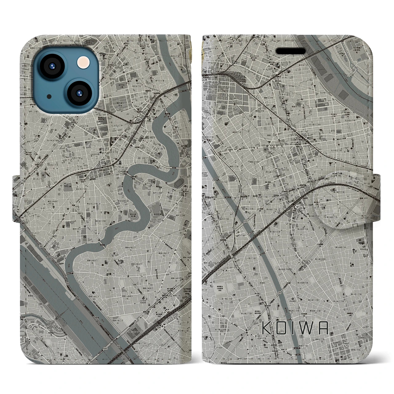 【小岩】地図柄iPhoneケース（手帳両面タイプ・モノトーン）iPhone 13 用
