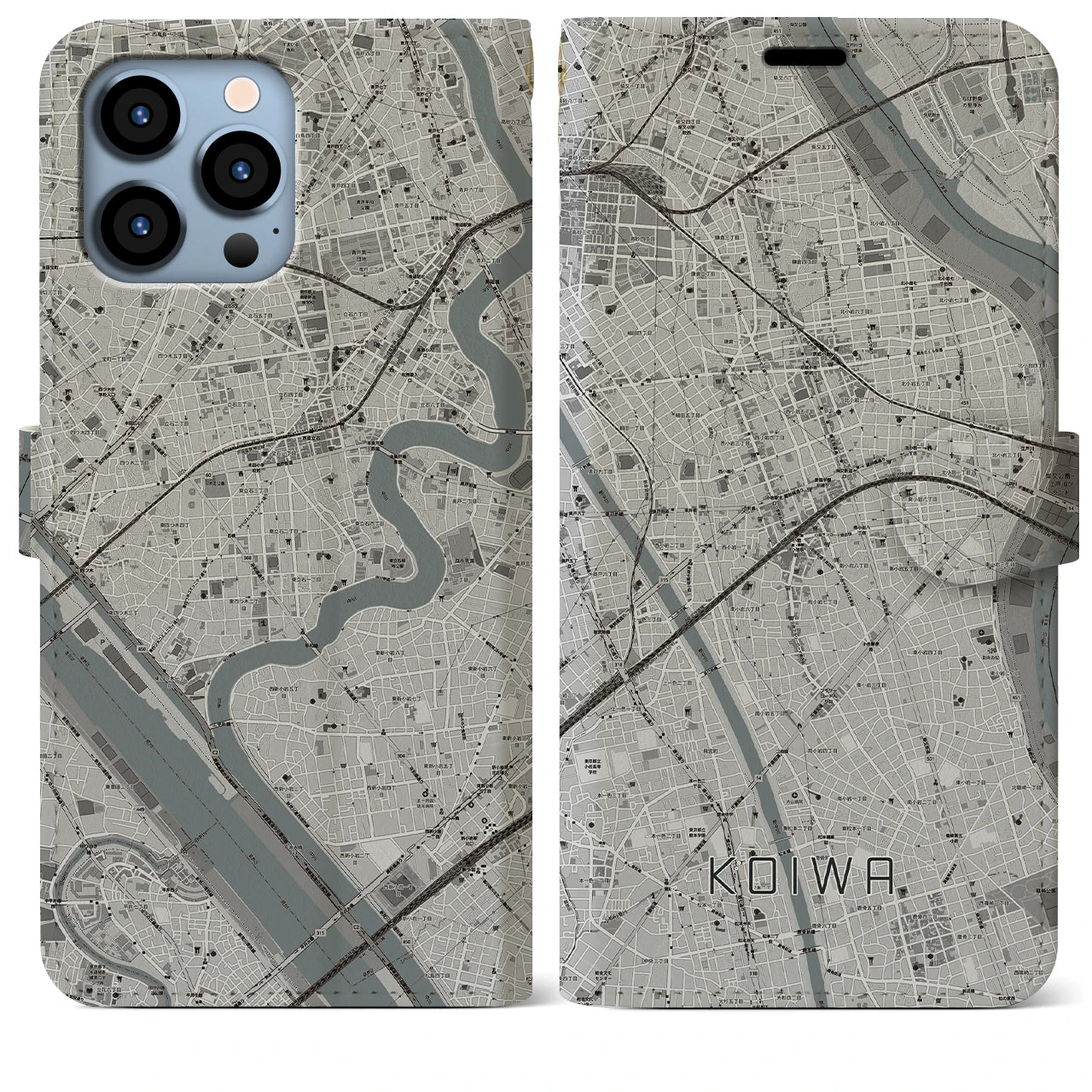 【小岩】地図柄iPhoneケース（手帳両面タイプ・モノトーン）iPhone 13 Pro Max 用