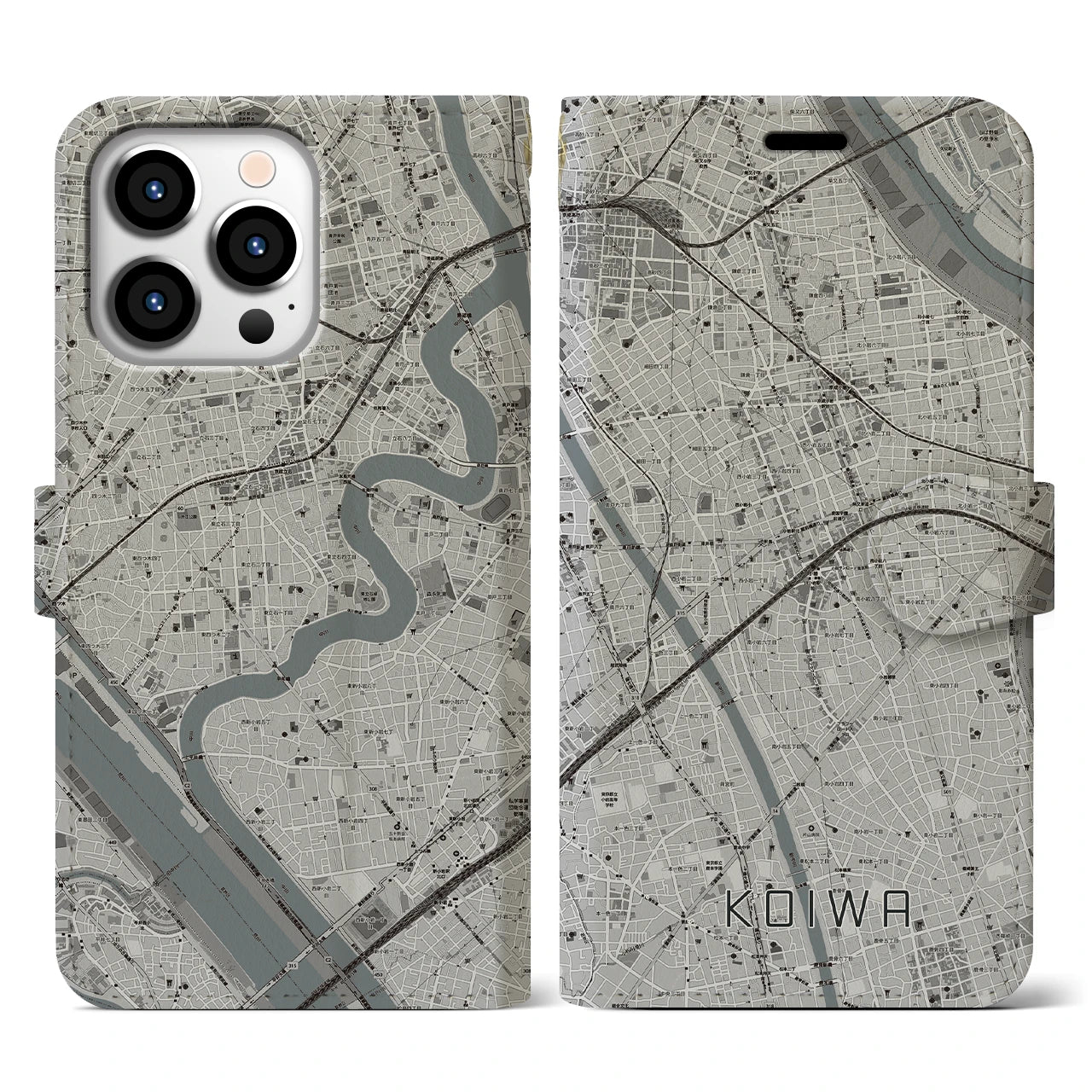 【小岩】地図柄iPhoneケース（手帳両面タイプ・モノトーン）iPhone 13 Pro 用