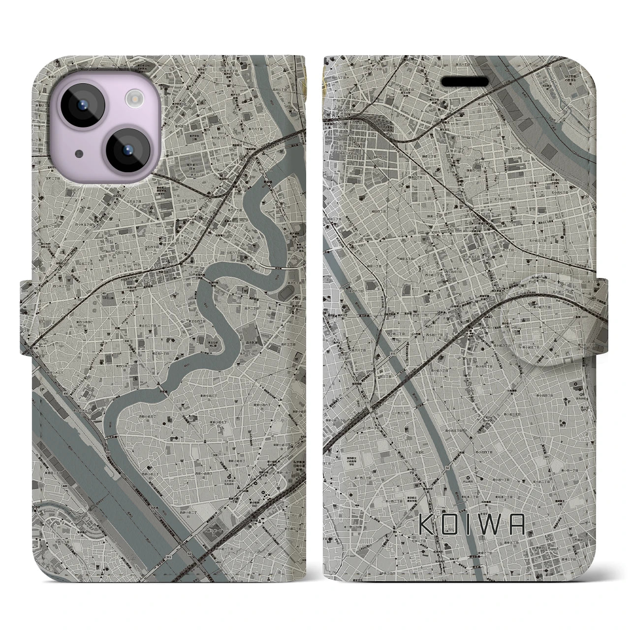 【小岩】地図柄iPhoneケース（手帳両面タイプ・モノトーン）iPhone 14 用