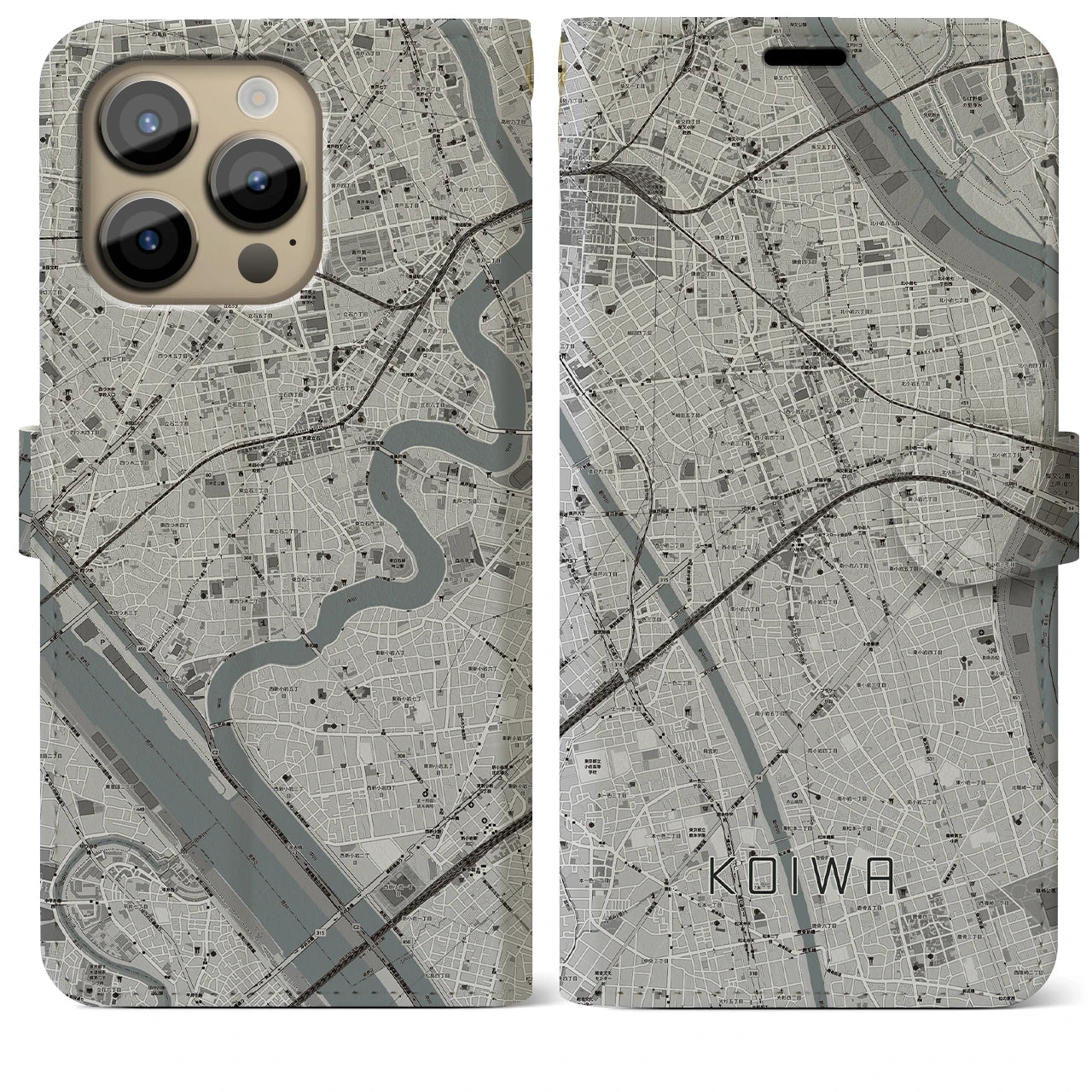 【小岩】地図柄iPhoneケース（手帳両面タイプ・モノトーン）iPhone 14 Pro Max 用