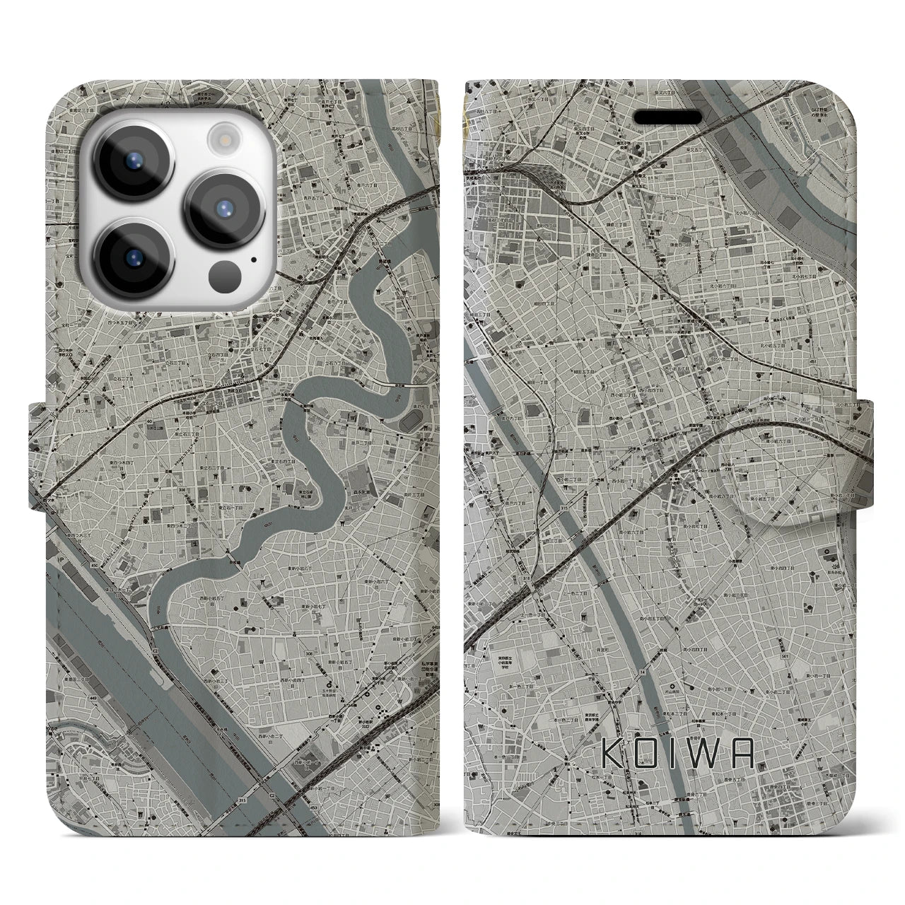 【小岩】地図柄iPhoneケース（手帳両面タイプ・モノトーン）iPhone 14 Pro 用