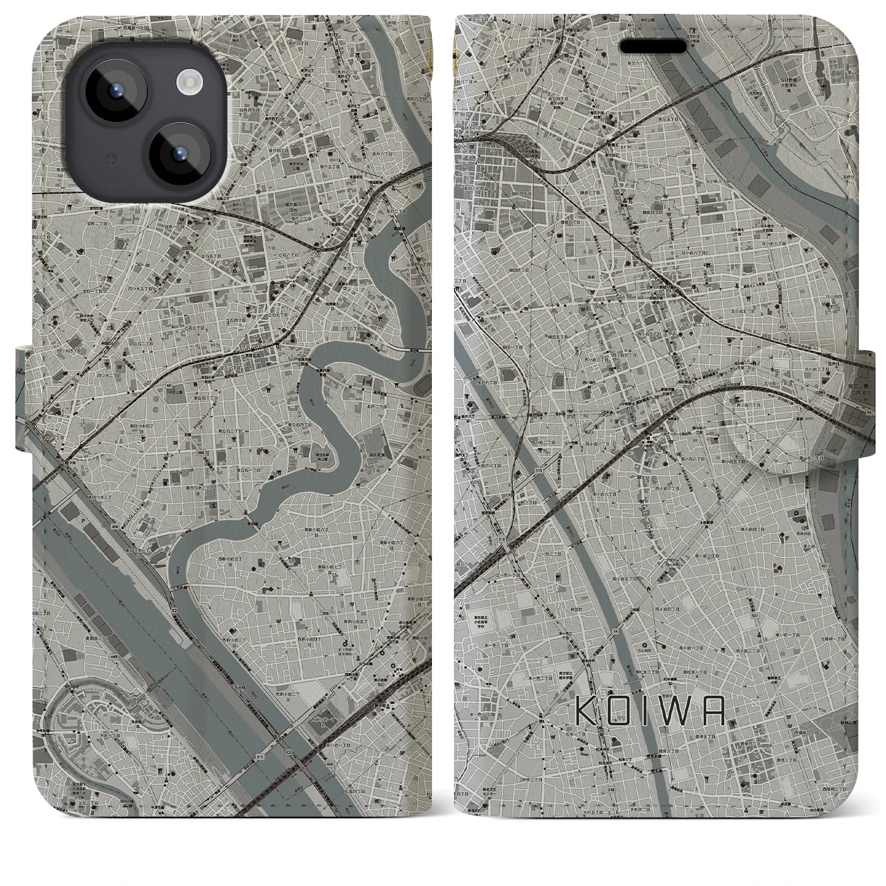 【小岩】地図柄iPhoneケース（手帳両面タイプ・モノトーン）iPhone 14 Plus 用