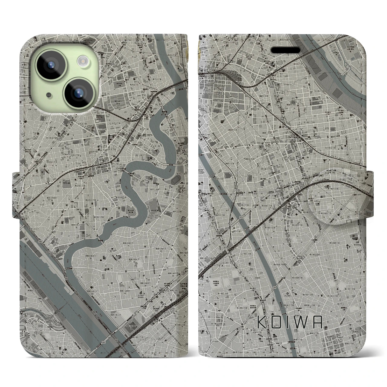 【小岩】地図柄iPhoneケース（手帳両面タイプ・モノトーン）iPhone 15 用