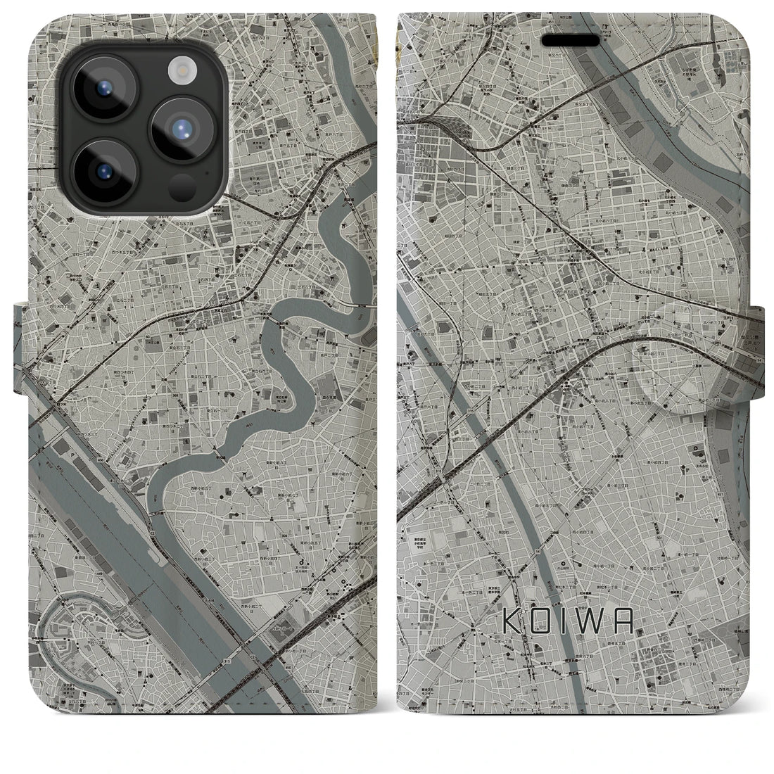 【小岩】地図柄iPhoneケース（手帳両面タイプ・モノトーン）iPhone 15 Pro Max 用