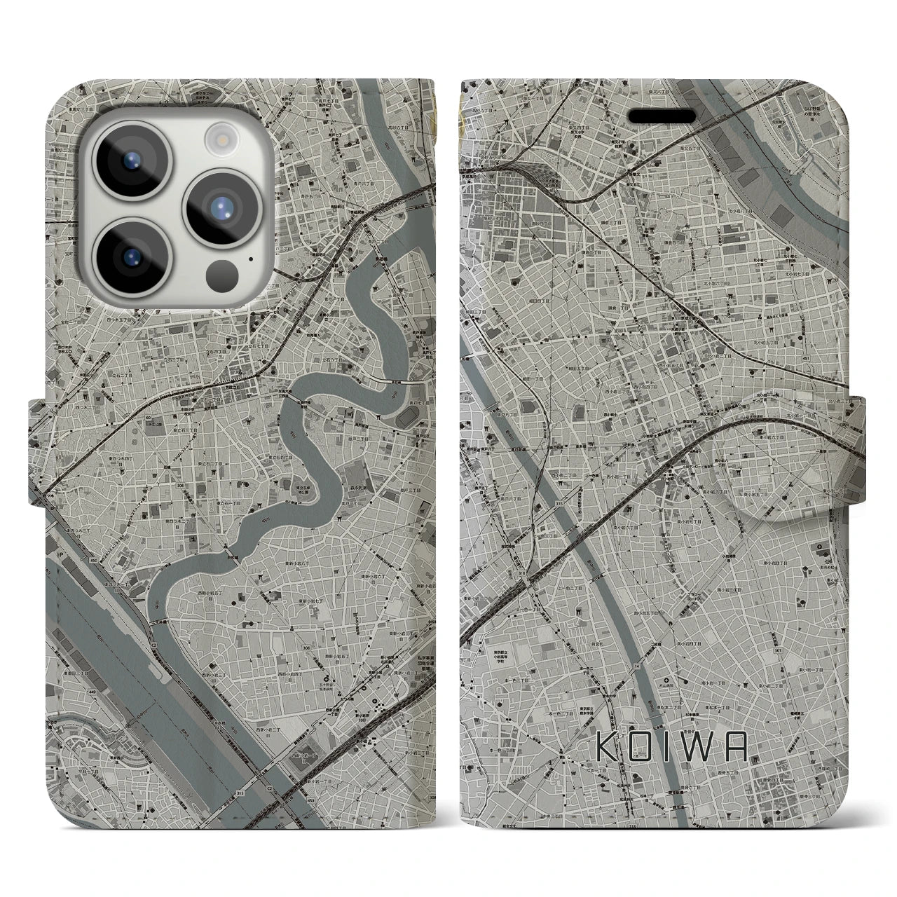 【小岩】地図柄iPhoneケース（手帳両面タイプ・モノトーン）iPhone 15 Pro 用