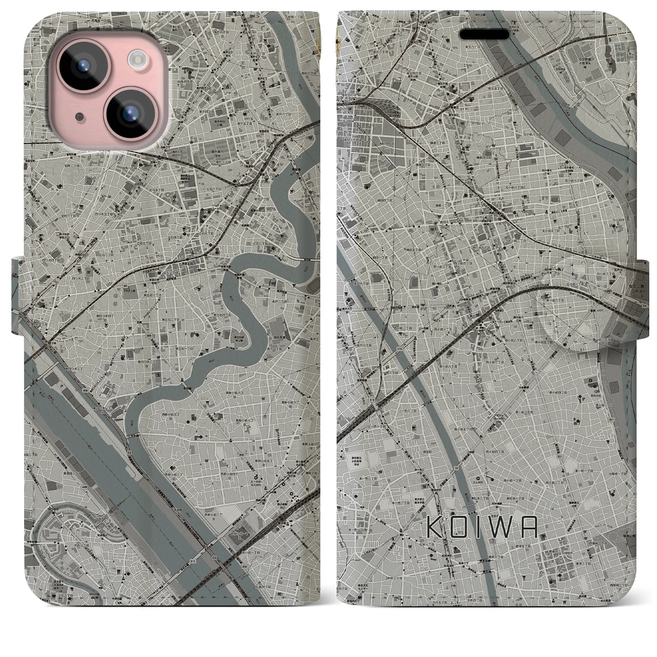 【小岩】地図柄iPhoneケース（手帳両面タイプ・モノトーン）iPhone 15 Plus 用