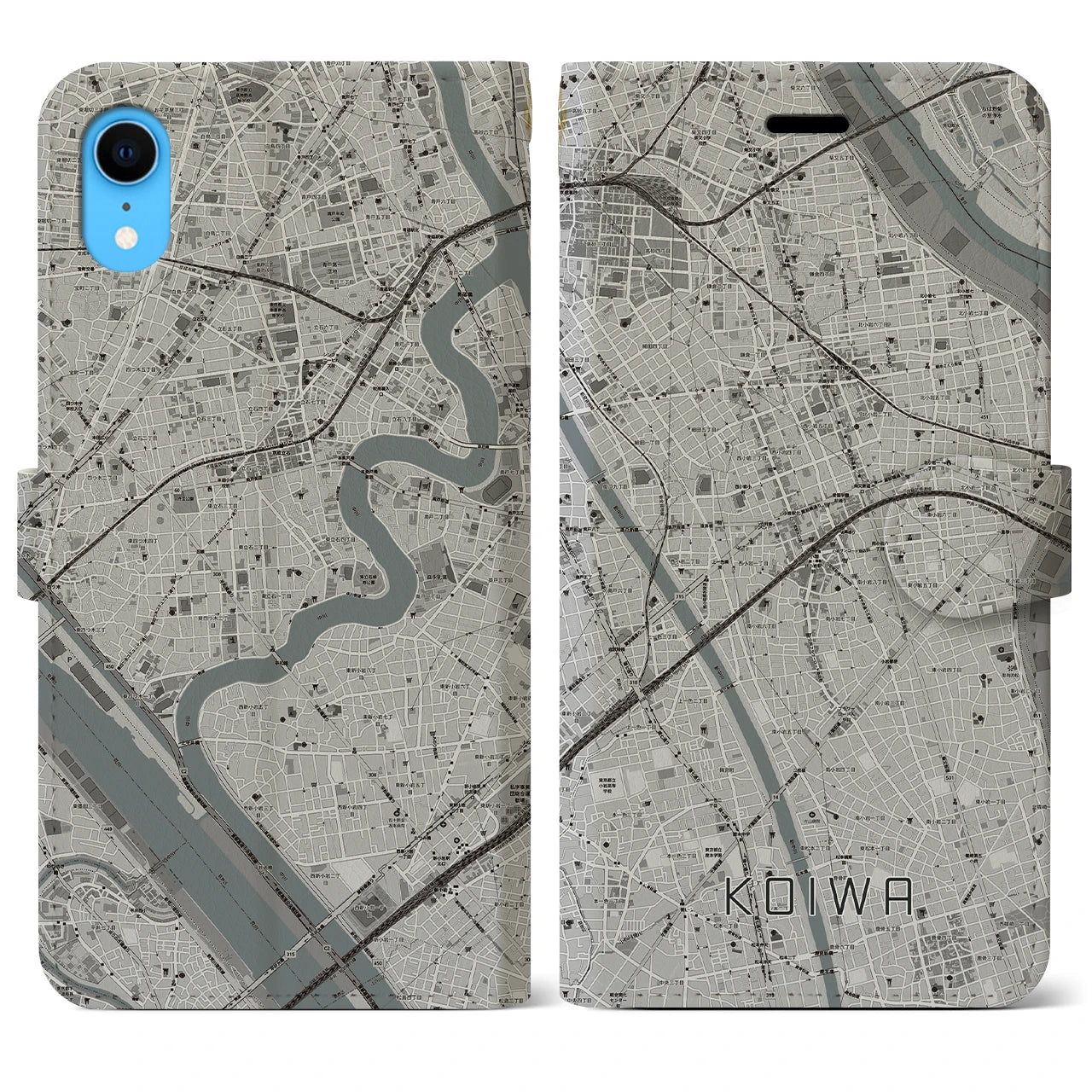 【小岩】地図柄iPhoneケース（手帳両面タイプ・モノトーン）iPhone XR 用