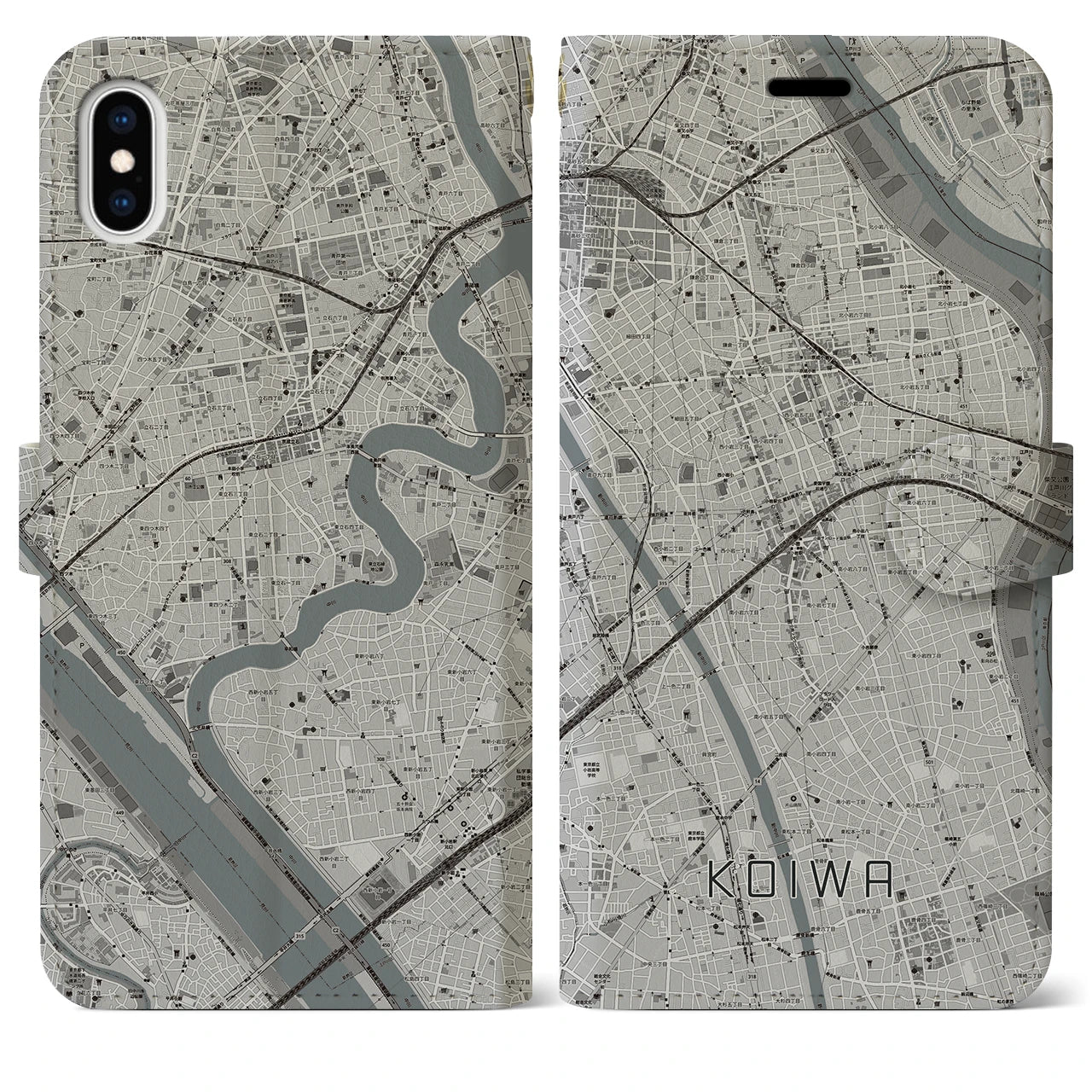 【小岩】地図柄iPhoneケース（手帳両面タイプ・モノトーン）iPhone XS Max 用