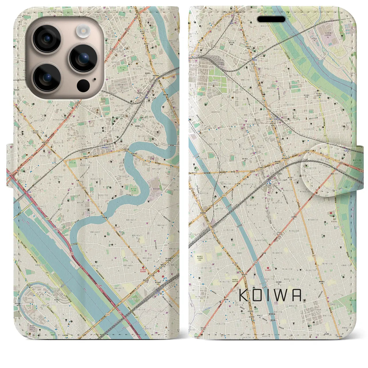 【小岩（東京都）】地図柄iPhoneケース（手帳タイプ）ナチュラル・iPhone 16 Plus 用