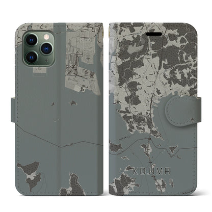 【児島（岡山県）】地図柄iPhoneケース（手帳タイプ）モノトーン・iPhone 11 Pro 用