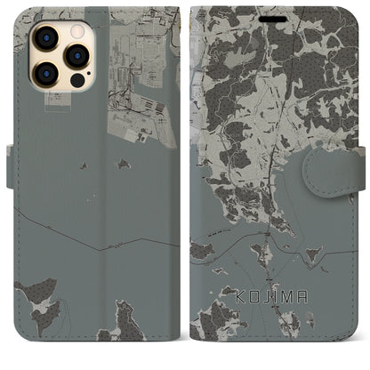 【児島（岡山県）】地図柄iPhoneケース（手帳タイプ）モノトーン・iPhone 12 Pro Max 用