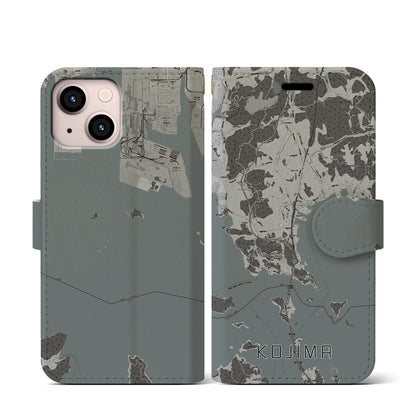 【児島（岡山県）】地図柄iPhoneケース（手帳タイプ）モノトーン・iPhone 13 mini 用