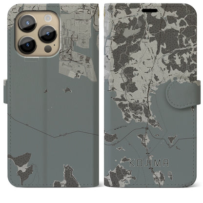 【児島（岡山県）】地図柄iPhoneケース（手帳タイプ）モノトーン・iPhone 14 Pro Max 用