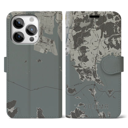 【児島（岡山県）】地図柄iPhoneケース（手帳タイプ）モノトーン・iPhone 14 Pro 用