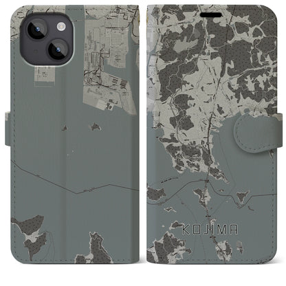 【児島（岡山県）】地図柄iPhoneケース（手帳タイプ）モノトーン・iPhone 14 Plus 用