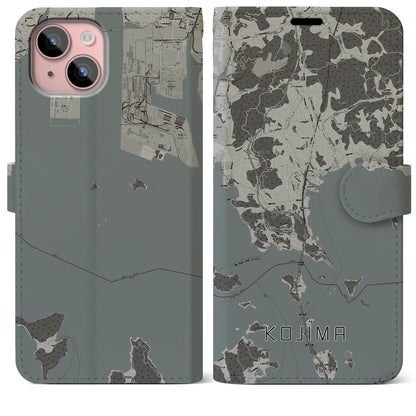 【児島（岡山県）】地図柄iPhoneケース（手帳タイプ）モノトーン・iPhone 15 Plus 用