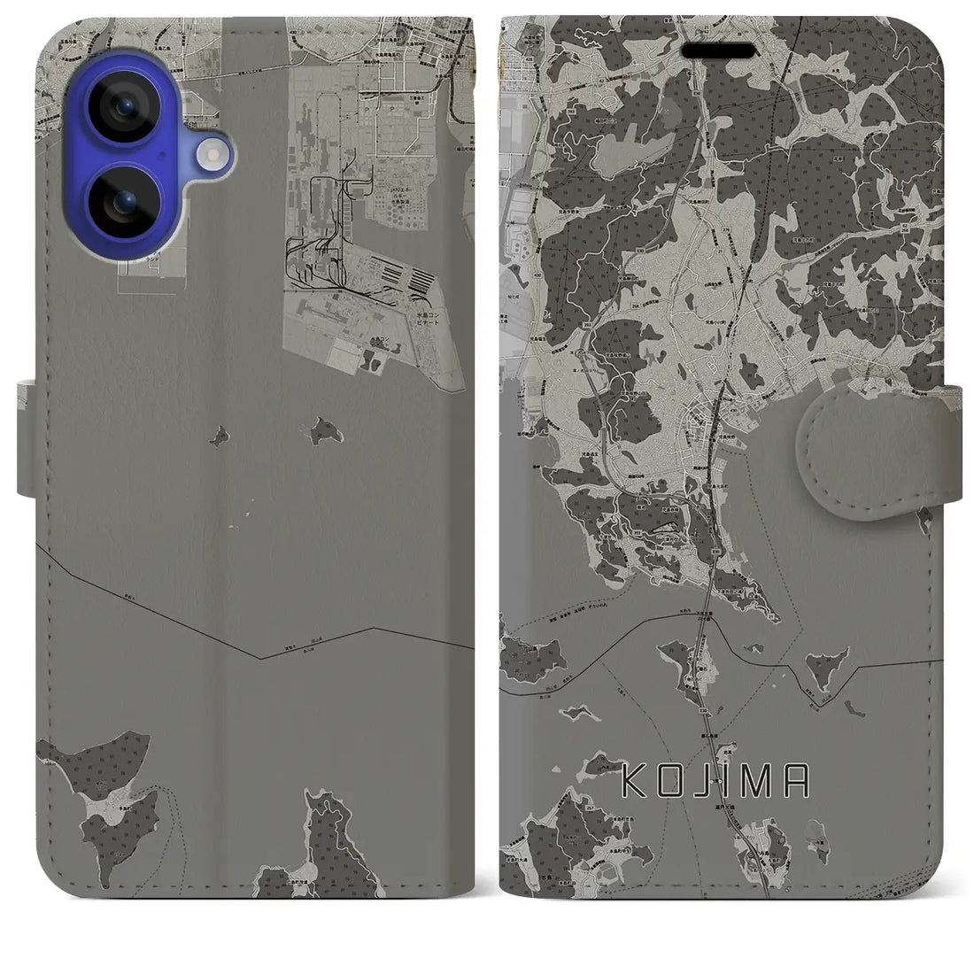 【児島(岡山県)】地図柄iPhoneケース(手帳タイプ)モノトーン・iPhone 16 Pro Max 用