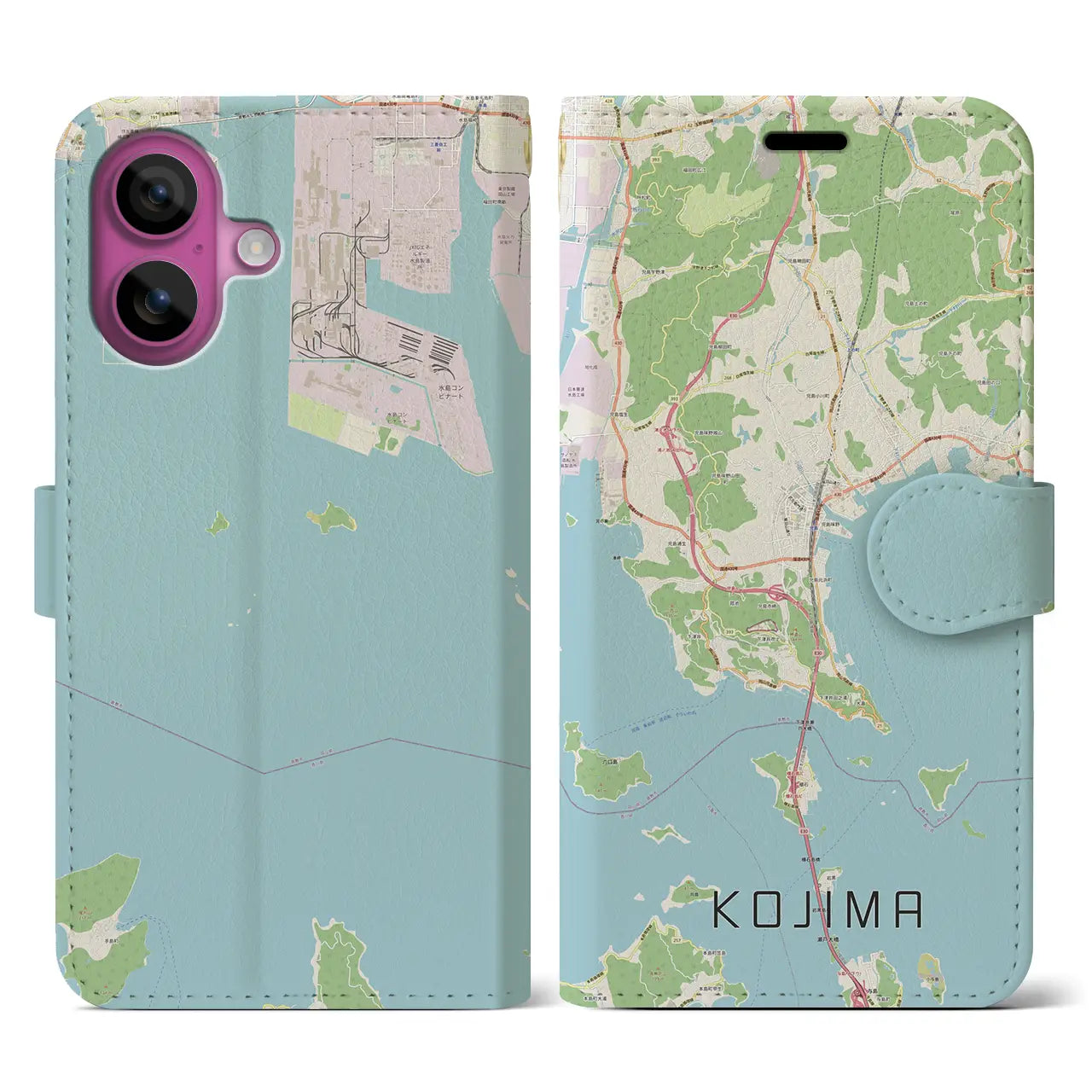 【児島（岡山県）】地図柄iPhoneケース（手帳タイプ）ナチュラル・iPhone 16 Pro 用