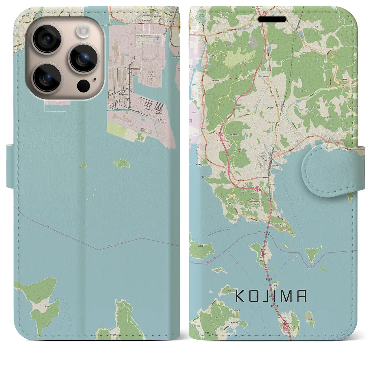 【児島（岡山県）】地図柄iPhoneケース（手帳タイプ）ナチュラル・iPhone 16 Plus 用