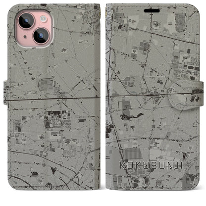 【国分寺（東京都）】地図柄iPhoneケース（手帳タイプ）モノトーン・iPhone 15 Plus 用