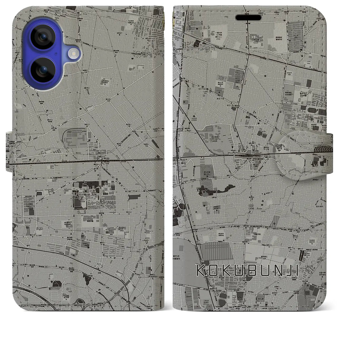 【国分寺(東京都)】地図柄iPhoneケース(手帳タイプ)モノトーン・iPhone 16 Pro Max 用