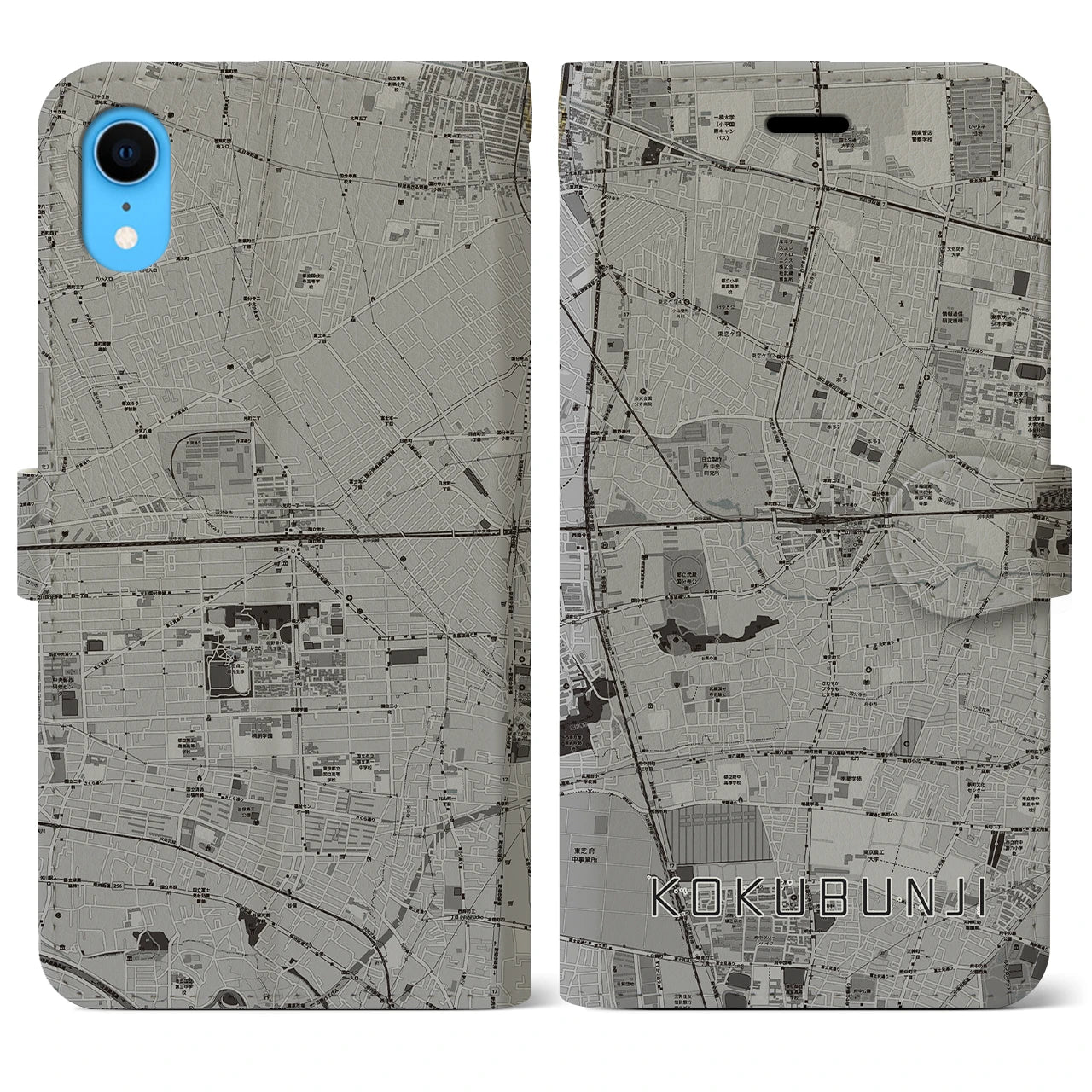 【国分寺】地図柄iPhoneケース（手帳両面タイプ・モノトーン）iPhone XR 用