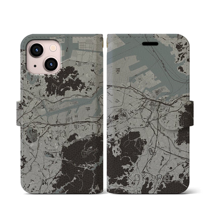 【小倉（福岡県）】地図柄iPhoneケース（手帳タイプ）モノトーン・iPhone 13 mini 用