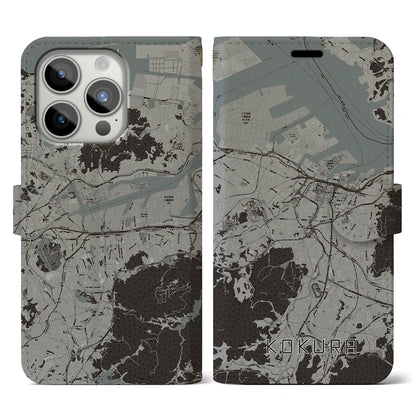 【小倉（福岡県）】地図柄iPhoneケース（手帳タイプ）モノトーン・iPhone 15 Pro 用