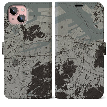 【小倉（福岡県）】地図柄iPhoneケース（手帳タイプ）モノトーン・iPhone 15 Plus 用