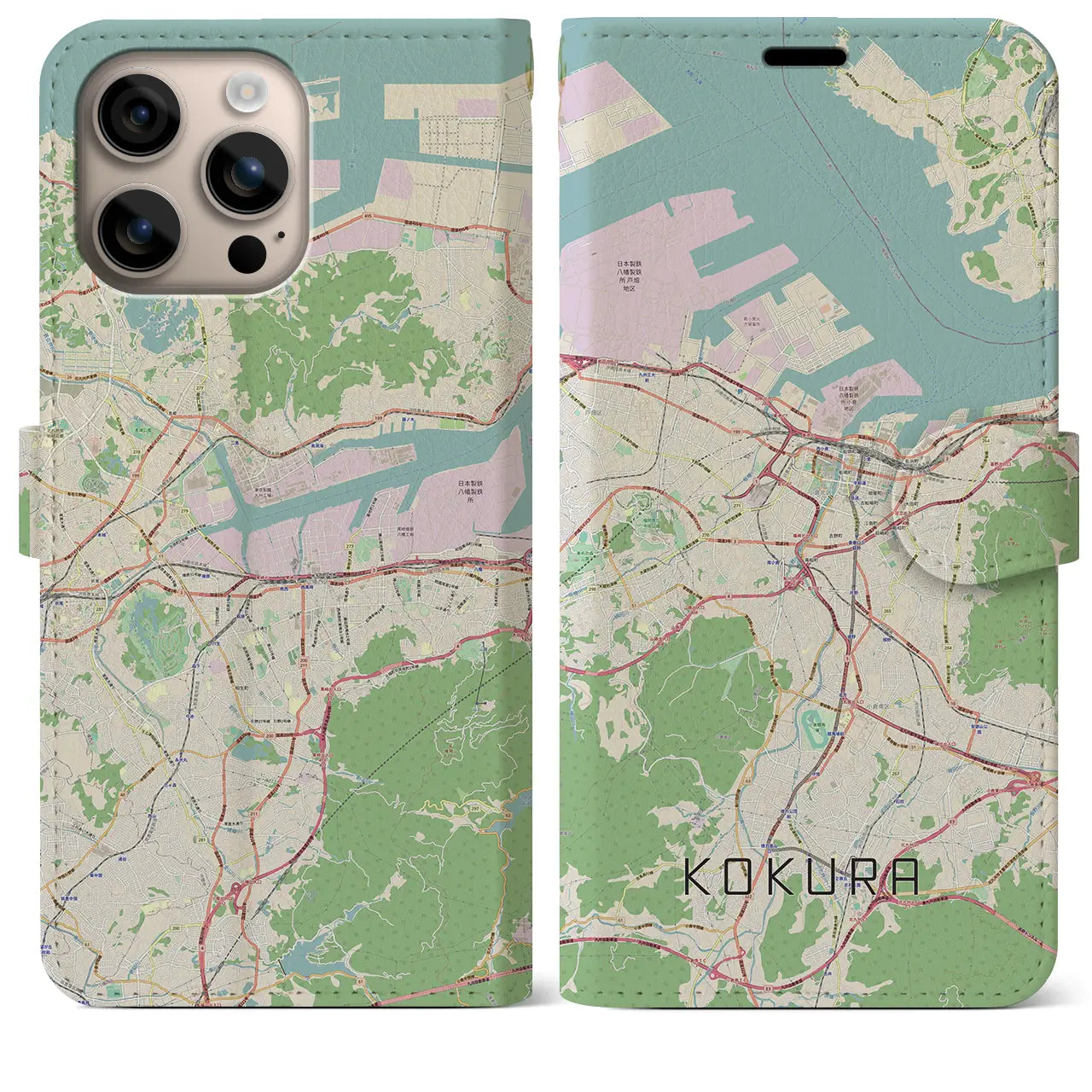 【小倉（福岡県）】地図柄iPhoneケース（手帳タイプ）ナチュラル・iPhone 16 Plus 用