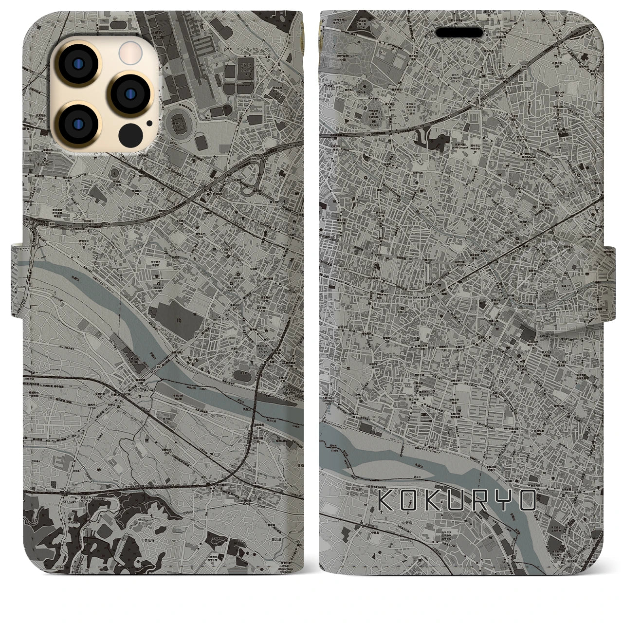 【国領】地図柄iPhoneケース（手帳両面タイプ・モノトーン）iPhone 12 Pro Max 用