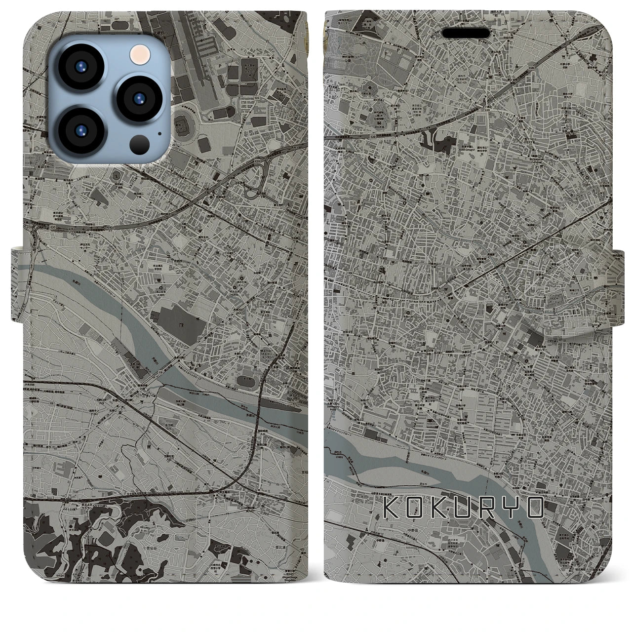 【国領】地図柄iPhoneケース（手帳両面タイプ・モノトーン）iPhone 13 Pro Max 用
