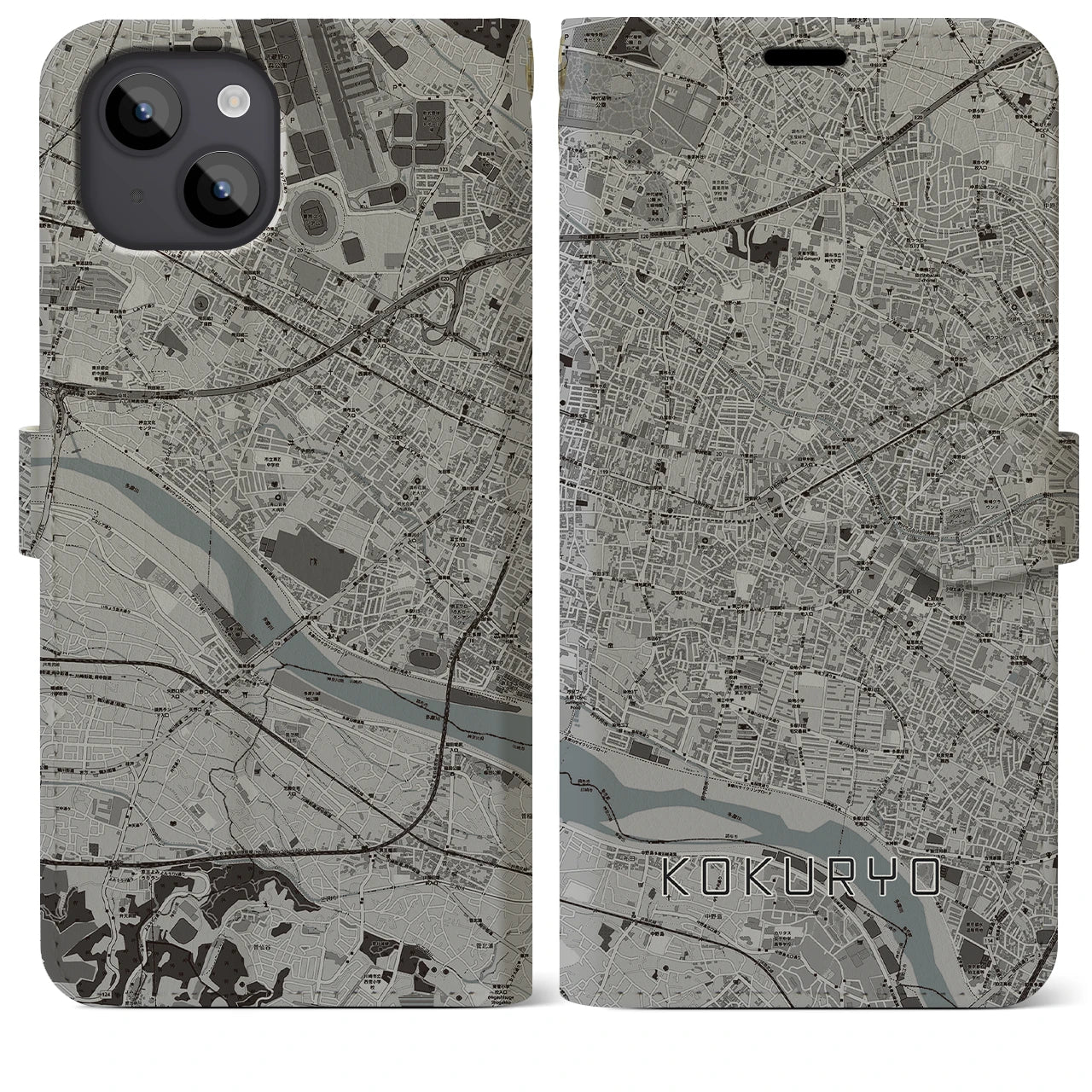 【国領（東京都）】地図柄iPhoneケース（手帳タイプ）モノトーン・iPhone 14 Plus 用