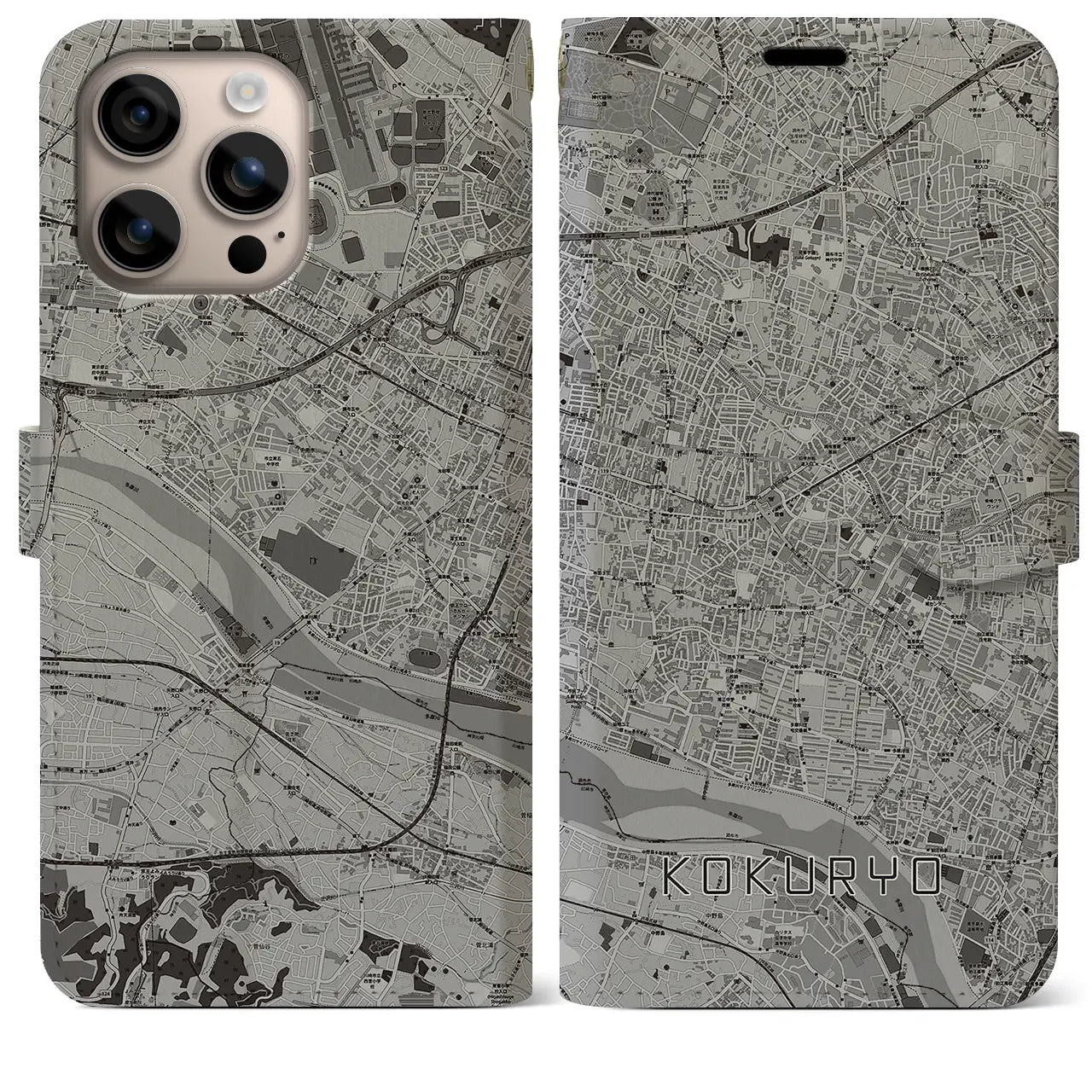 【国領（東京都）】地図柄iPhoneケース（手帳タイプ）モノトーン・iPhone 16 Plus 用