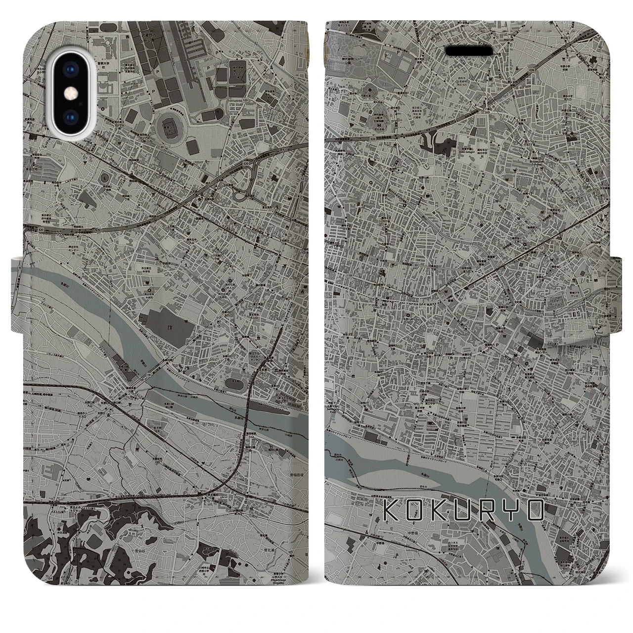 【国領（東京都）】地図柄iPhoneケース（手帳タイプ）モノトーン・iPhone XS Max 用