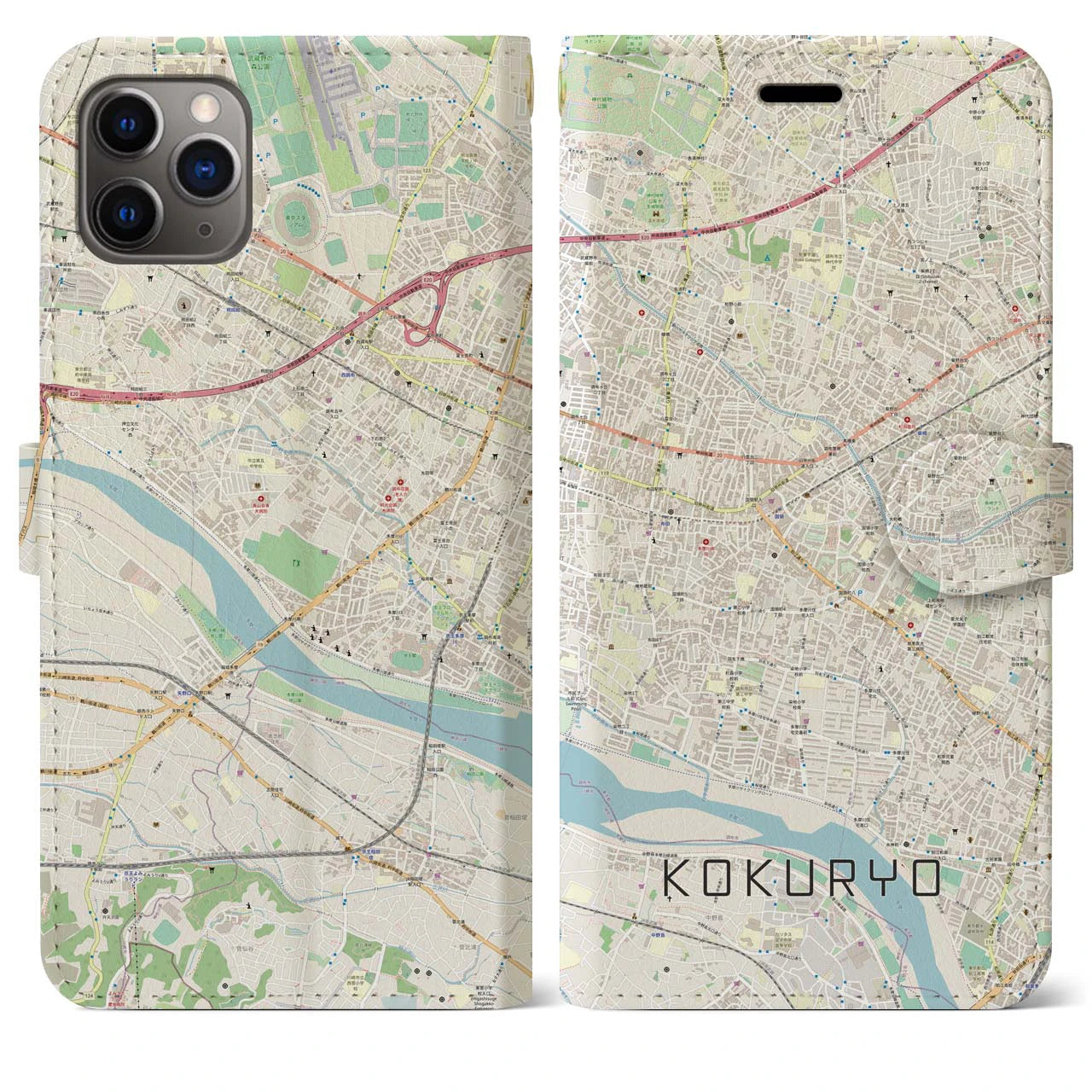 【国領（東京都）】地図柄iPhoneケース（手帳タイプ）ナチュラル・iPhone 11 Pro Max 用