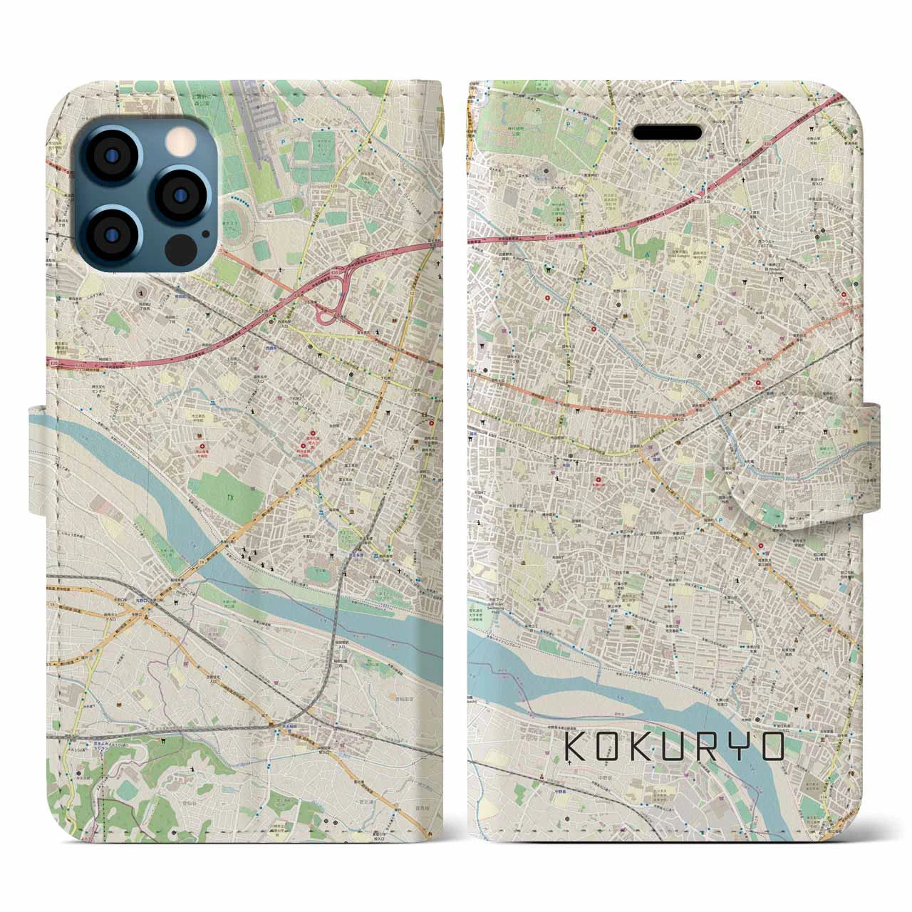 【国領（東京都）】地図柄iPhoneケース（手帳タイプ）ナチュラル・iPhone 12 / 12 Pro 用