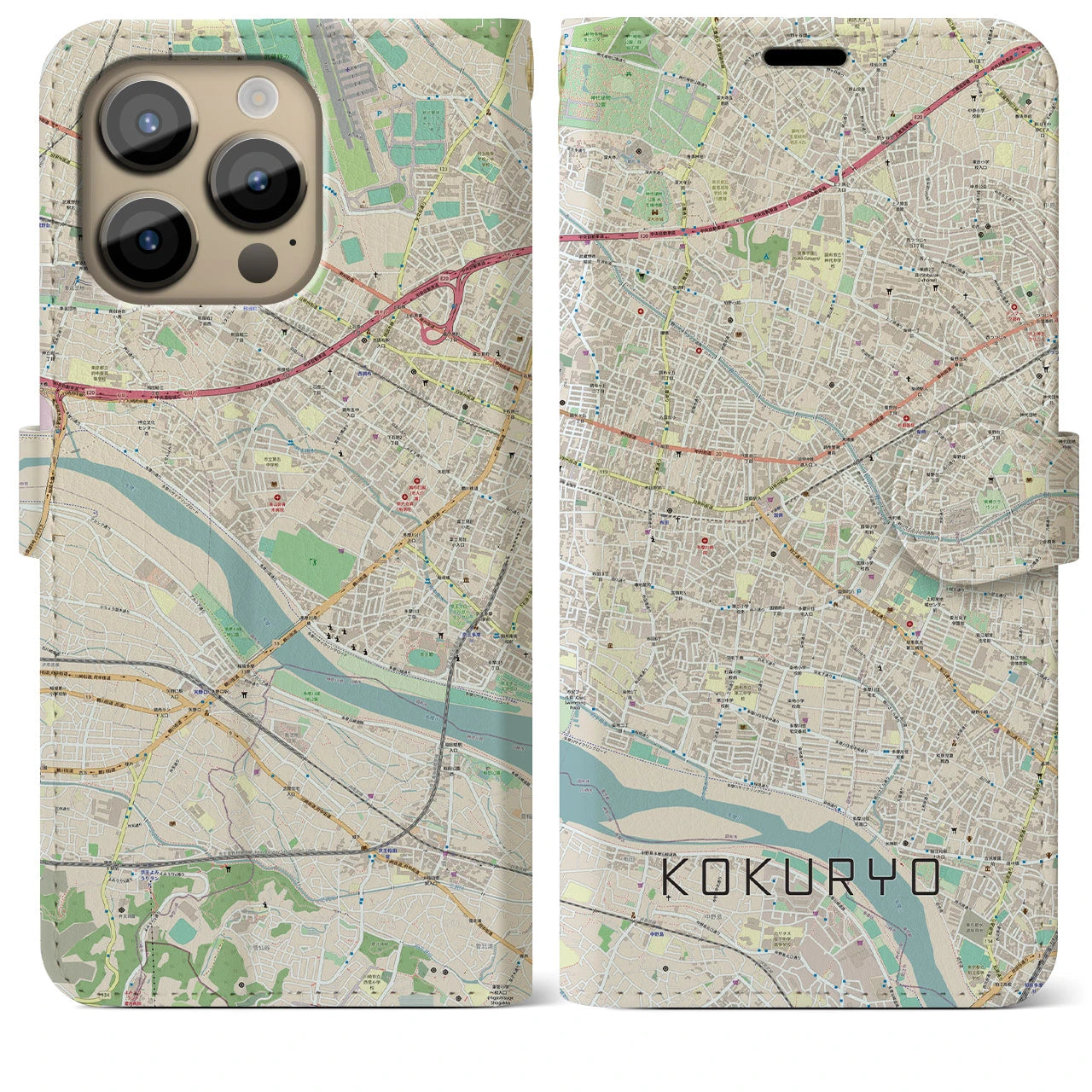 【国領（東京都）】地図柄iPhoneケース（手帳タイプ）ナチュラル・iPhone 14 Pro Max 用