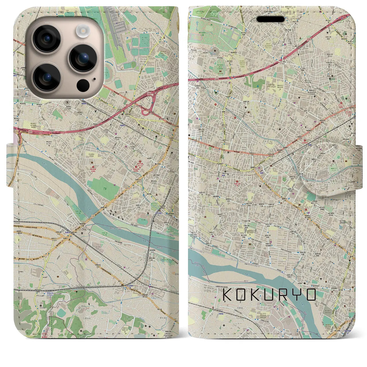 【国領（東京都）】地図柄iPhoneケース（手帳タイプ）ナチュラル・iPhone 16 Plus 用