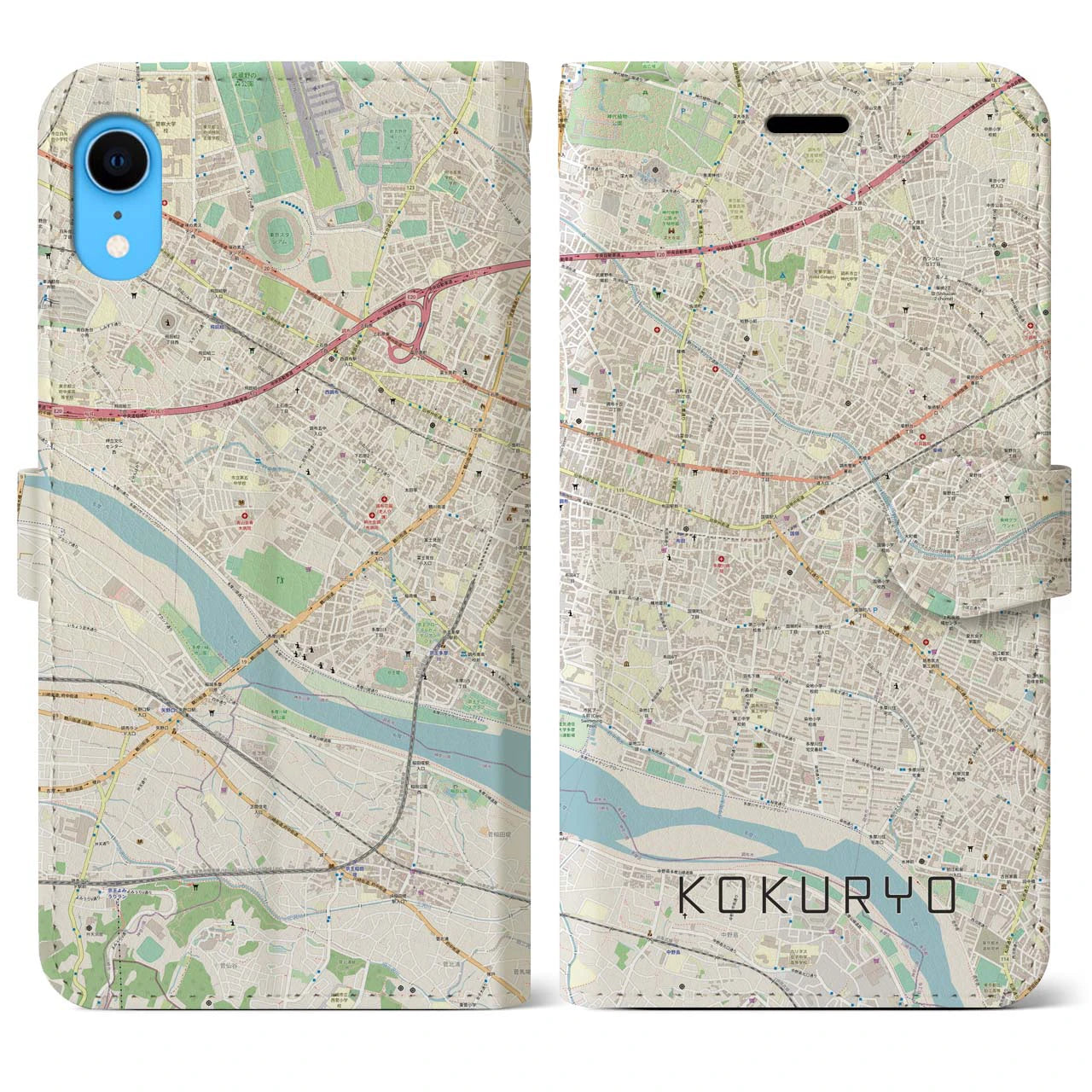 【国領（東京都）】地図柄iPhoneケース（手帳タイプ）ナチュラル・iPhone XR 用