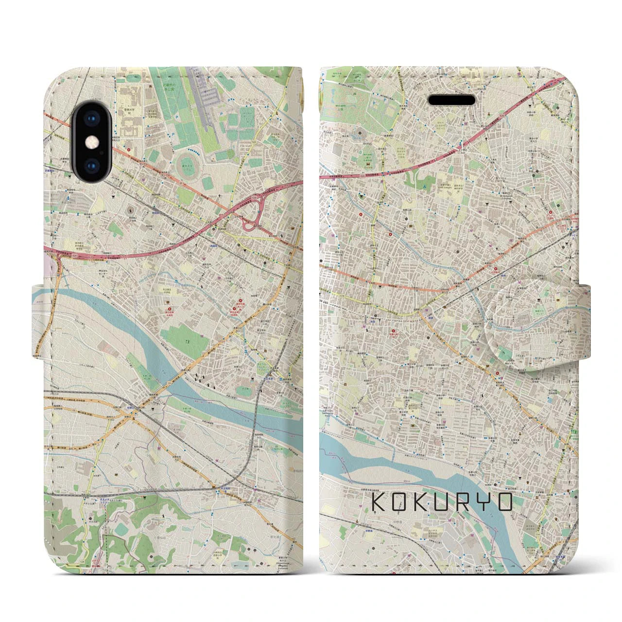 【国領（東京都）】地図柄iPhoneケース（手帳タイプ）ナチュラル・iPhone XS / X 用