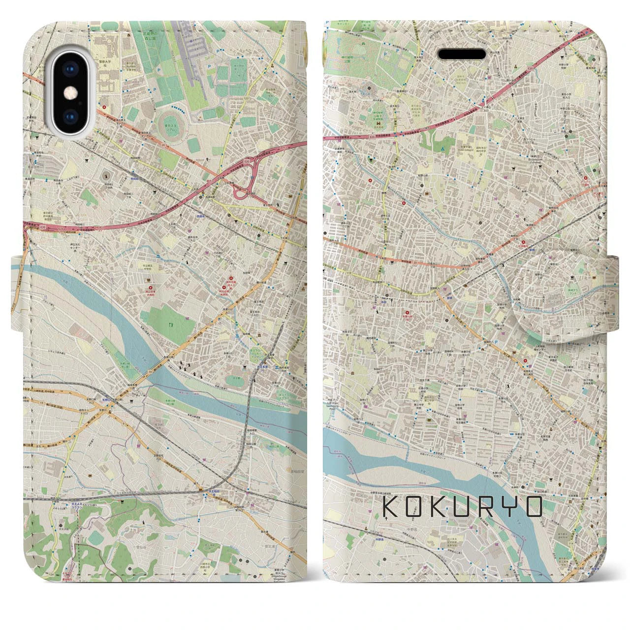 【国領（東京都）】地図柄iPhoneケース（手帳タイプ）ナチュラル・iPhone XS Max 用