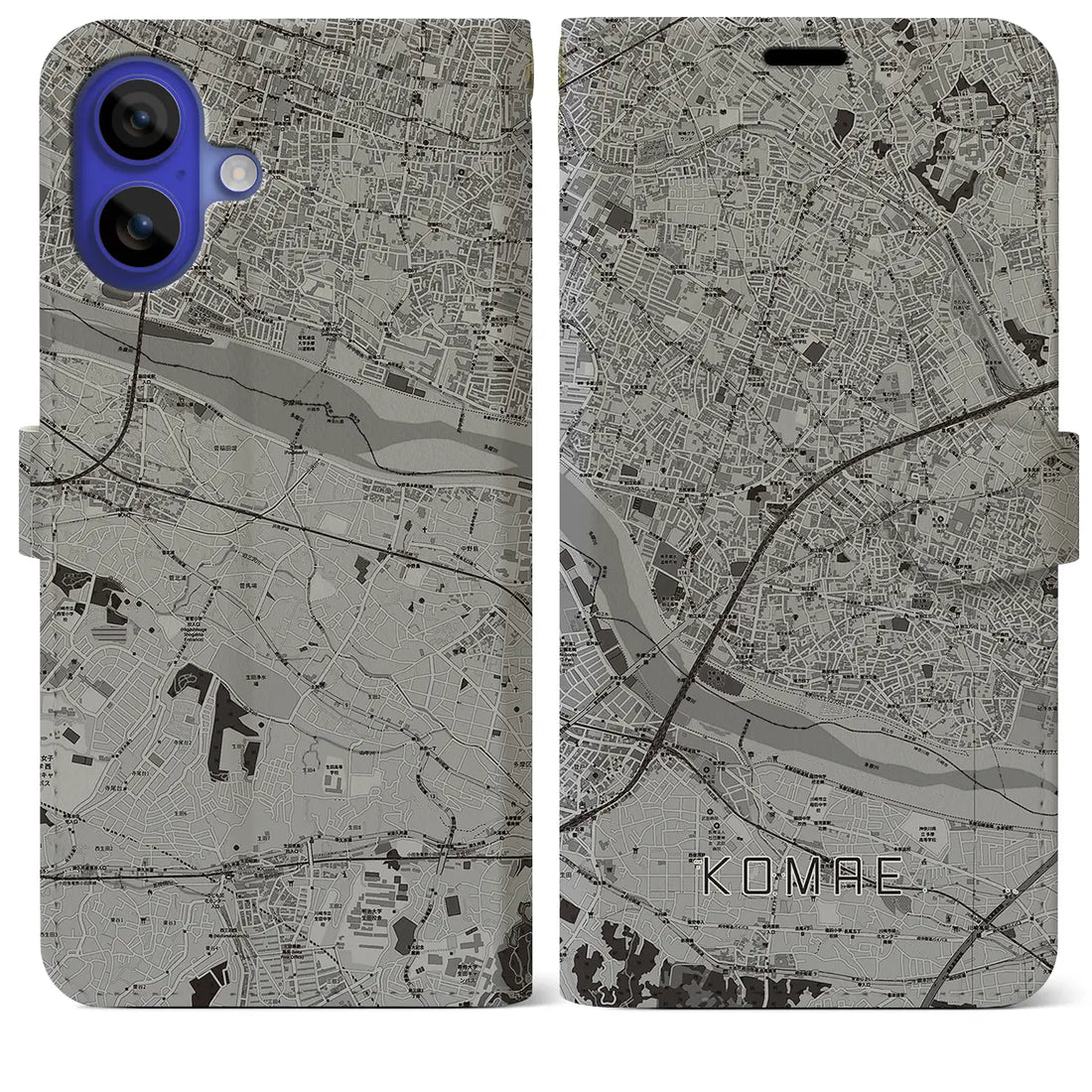 【狛江(東京都)】地図柄iPhoneケース(手帳タイプ)モノトーン・iPhone 16 Pro Max 用